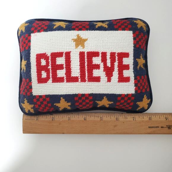 Mini Needlepoint Believe Holiday Accent Pillow Blue Velour Back NO TAG 8"x6" - Picture 7 of 9